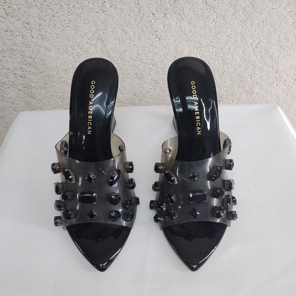 Good American Heels Womens 6.5 Clear Jeweled PVC Mule Pointed Toe Wedge Black